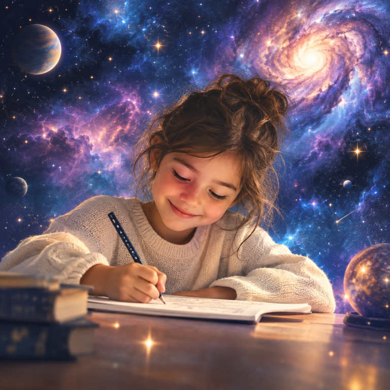 petite fille calme et souriante qui écrit, illustrant l'apaisement et le calme